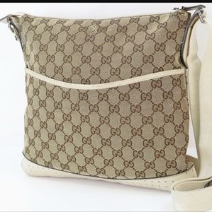 Authentic GUCCI Brown GG Canvas and Beige Leather Crossbody Shoulder Bag